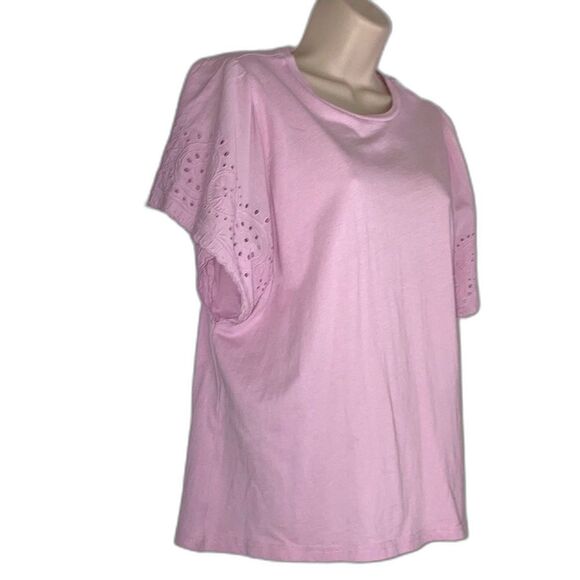 GAP Eyelet Crochet Tshirt Pink Crew Neck Short Sleeve Womens Large - Picture 1 of 11